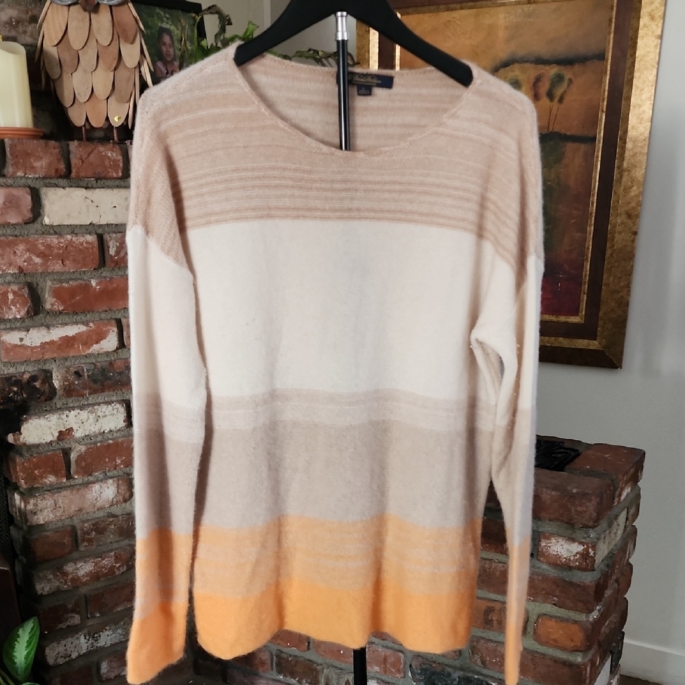 Brooks Brothers 100% Italian Cashmere Striped Crewneck Sweater Neutral Luxe
